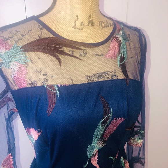 SHEIN MESH SLEEVE NAVY BLUE A-LINE MIDI DRESS, PRINCESSCORE ROYALCORE - Picture 2 of 3